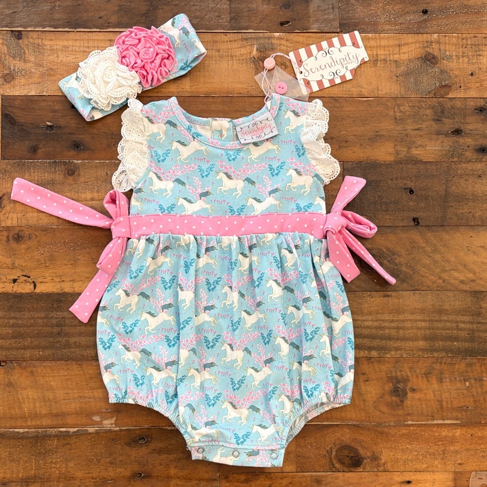 Unicorn Baby Romper with Headband- 9MO new with tags